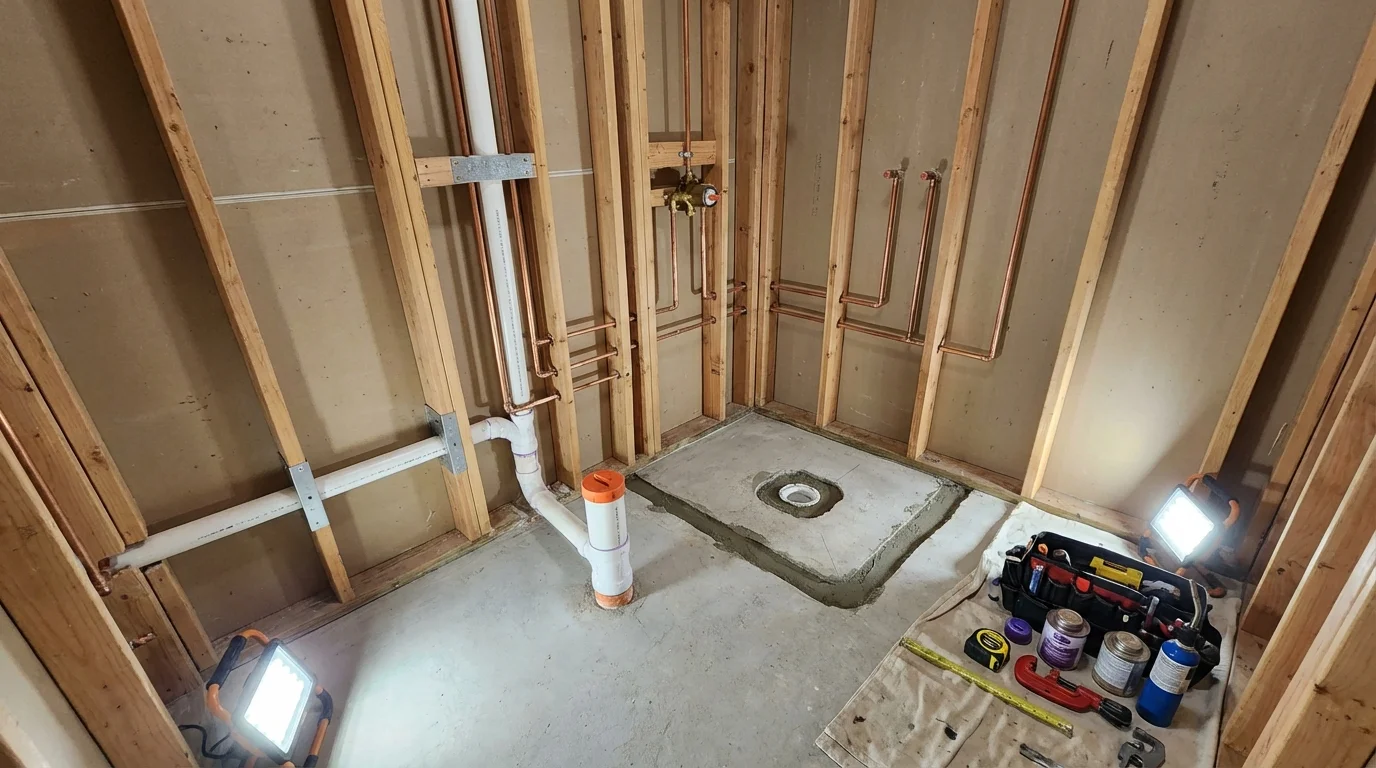 Bathroom rough-in plumbing during remodel by Johns Plumbing LLC in Bonney Lake