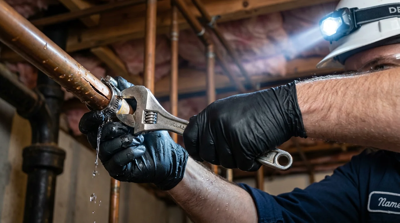 Emergency pipe clamp repair being performed by a Johns Plumbing LLC plumber in Bonney Lake