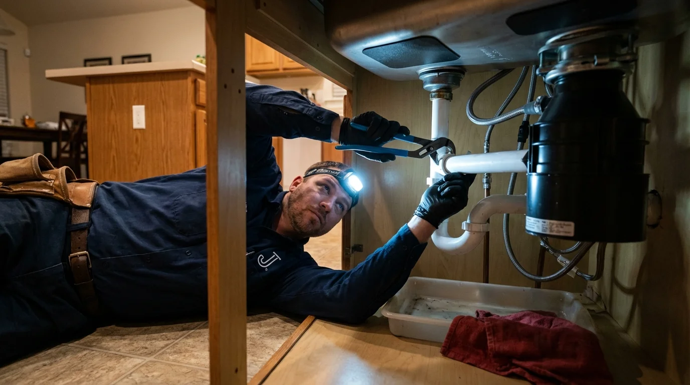 P-trap and supply line connections under a kitchen sink showing a common leak point in Bonney Lake, WA